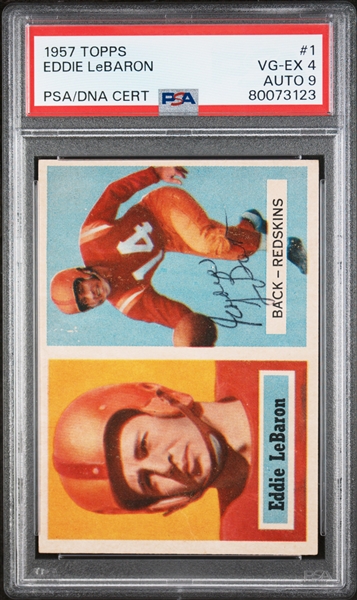 4 Signed 1957 Topps Football Cards - LeBaron #1 (PSA 4, Auto 9), Robustelli (PSA 6, Auto 8), Stautner (PSA 6, Auto 9),  Groza (PSA 7, Auto 9)