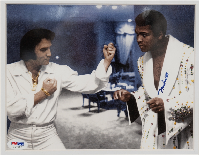 Muhammad Ali Signed Photo in Boxing Pose with Elvis - Nicely Framed Two Kings Cut-out in Blue Suede Matting (PSA/DNA sticker)