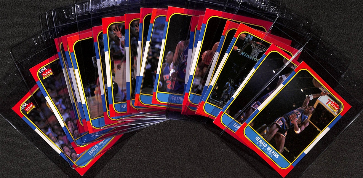 (18) 1986-87 Fleer Basketball Cards w. Patrick Ewing, Karl Malone, Clyde Drexler, (3) Abdul-Jabbar, (2) Chris Mullin,  Isiah Thomas, (2) James Worthy, +