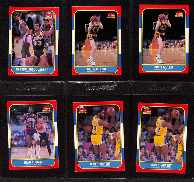 (18) 1986-87 Fleer Basketball Cards w. Patrick Ewing, Karl Malone, Clyde Drexler, (3) Abdul-Jabbar, (2) Chris Mullin,  Isiah Thomas, (2) James Worthy, +