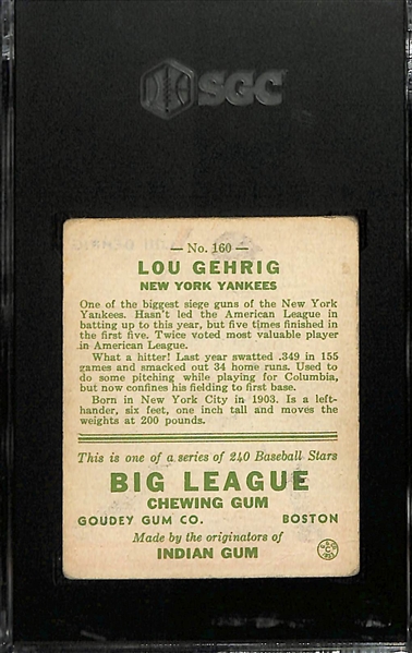 1933 Goudey #160 Lou Gehrig Graded SGC 3