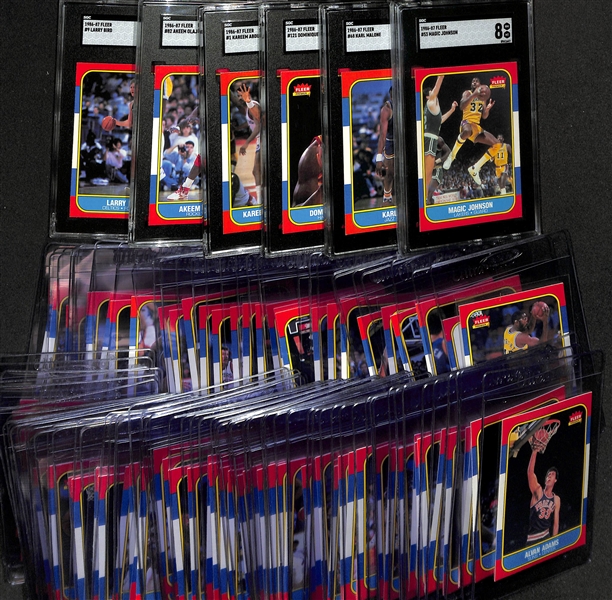 1986-87 Fleer Basketball Partial Set (109 of 132 cards) w.  6 Graded Cards (Magic Johnson SGC 8, Karl Malone SGC 7.5, Dominique Wilkins SGC 7, Kareem Abdul-Jabaar SGC 8, Hakeem Olajuwon SGC 7.5,...