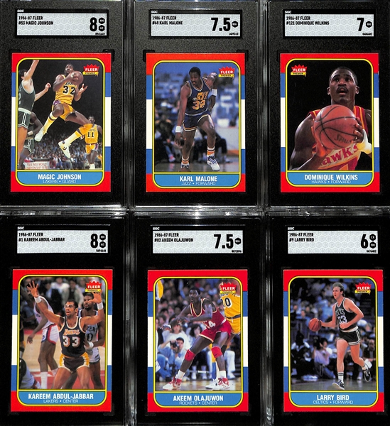 1986-87 Fleer Basketball Partial Set (109 of 132 cards) w.  6 Graded Cards (Magic Johnson SGC 8, Karl Malone SGC 7.5, Dominique Wilkins SGC 7, Kareem Abdul-Jabaar SGC 8, Hakeem Olajuwon SGC 7.5,...