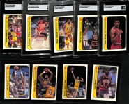 1986-87 Fleer Basketball Partial Sticker Set (9 of 11 cards) inc. 5 Graded (Julius Erving SGC 8, Patrick Ewing SGC 8, Magic Johnson SGC 8, Dominique Wilkins SGC 7, Hakeem Olajuwon SGC 8) - Missing...