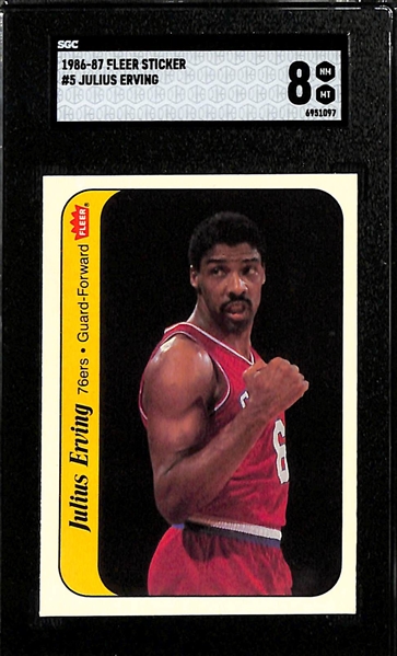 1986-87 Fleer Basketball Partial Sticker Set (9 of 11 cards) inc. 5 Graded (Julius Erving SGC 8, Patrick Ewing SGC 8, Magic Johnson SGC 8, Dominique Wilkins SGC 7, Hakeem Olajuwon SGC 8) - Missing...