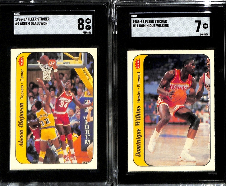 1986-87 Fleer Basketball Partial Sticker Set (9 of 11 cards) inc. 5 Graded (Julius Erving SGC 8, Patrick Ewing SGC 8, Magic Johnson SGC 8, Dominique Wilkins SGC 7, Hakeem Olajuwon SGC 8) - Missing...