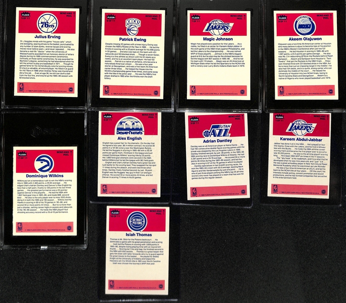 1986-87 Fleer Basketball Partial Sticker Set (9 of 11 cards) inc. 5 Graded (Julius Erving SGC 8, Patrick Ewing SGC 8, Magic Johnson SGC 8, Dominique Wilkins SGC 7, Hakeem Olajuwon SGC 8) - Missing...