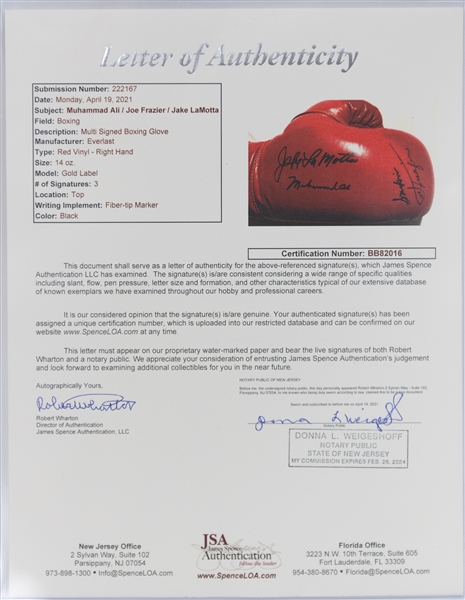 Everlast Boxing Glove Signed by Muhammad Ali, Smokin Joe Frazier & Jake LaMotta (Full JSA Letter of Authenticity)