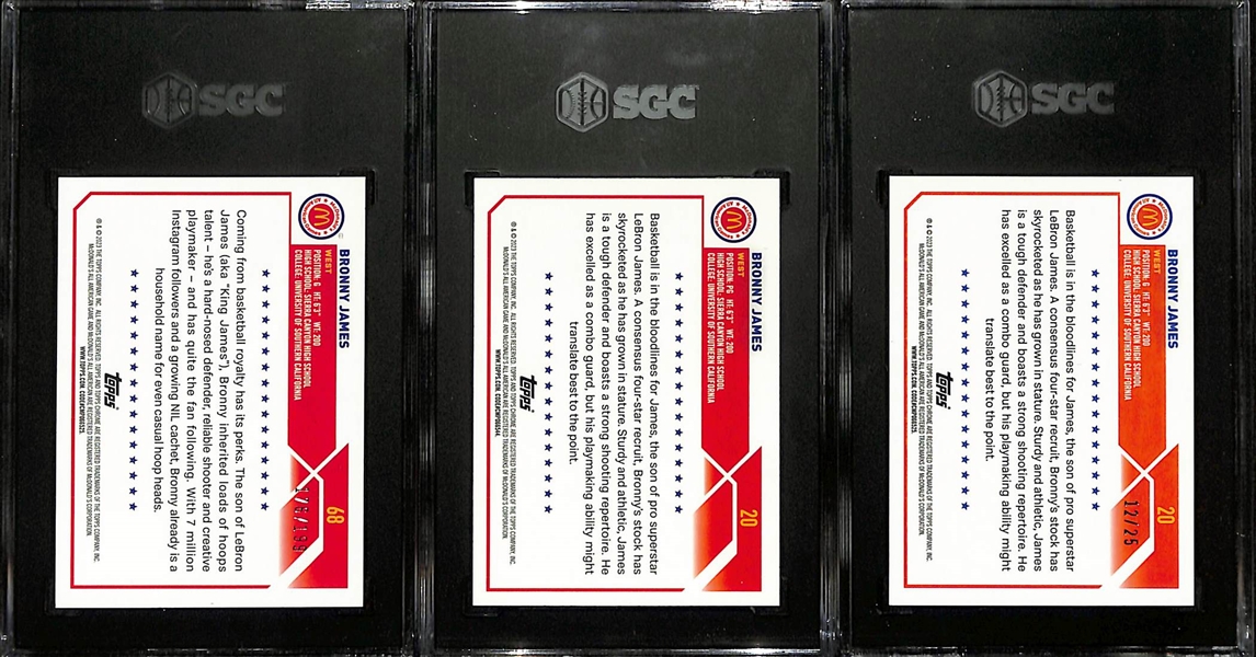 Lot of (3) Bronny James Topps Chrome McDonald's All American Cards - SGC Graded