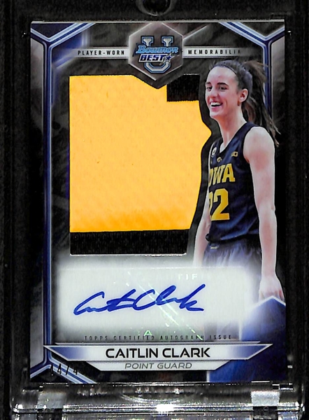 2023-2024 Bowman University's Best Caitlin Clark Rookie Jumbo Patch Autograph Prospect Card #ed 44/49 (2-Color Iowa Jersey Patch!)