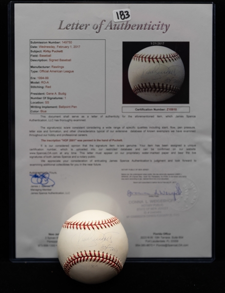 Kirby Puckett Signed Official AL Baseball w. Rare HOF 2002 Inscription (Full JSA Letter of Authenticity)