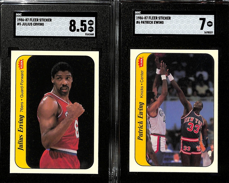 1986-87 Fleer Basketball Partial Sticker Set (7 of 11 stickers) inc. 5 Graded (Adrian Dantley SGC 8, Julius Erving SGC 8.5, Patrick Ewing SGC 7, Dominique Wilkins SGC 7.5, Akeem Olajuwon SGC 8.5) -...