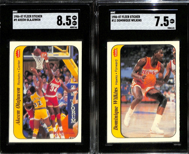 1986-87 Fleer Basketball Partial Sticker Set (7 of 11 stickers) inc. 5 Graded (Adrian Dantley SGC 8, Julius Erving SGC 8.5, Patrick Ewing SGC 7, Dominique Wilkins SGC 7.5, Akeem Olajuwon SGC 8.5) -...