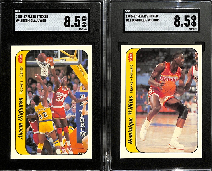 1986-87 Fleer Basketball Partial Sticker Set (7 of 11 stickers) inc. 4 Graded (Julius Erving SGC 8.5, Patrick Ewing SGC 7.5, Dominique Wilkins SGC 8.5, Akeem Olajuwon SGC 8.5) - Missing Michael...