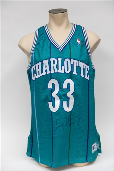 Alonzo Mourning Signed Charlotte Hornets Jersey - Made by Champion, Size 48 (JSA) - Presented to Halftime Performer Jeremy Kable