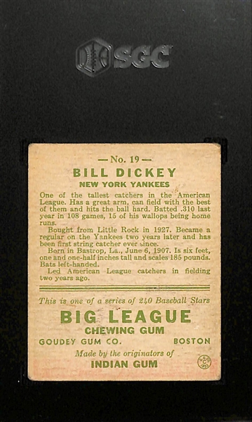 1933 Goudey #19 Bill Dickey (HOF) Rookie Card Graded SGC 4