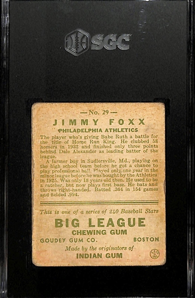 1933 Goudey #29 Jimmy Foxx Graded SGC 1.5