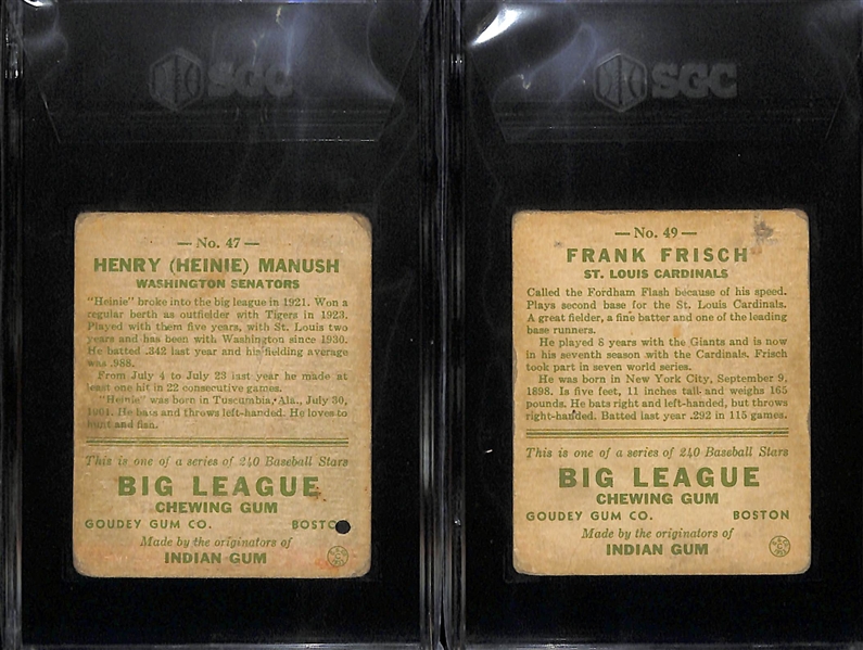 1933 Goudey Lot w. #47 Heinie Manush (SGC 1) & #49 Frank Frisch (SGC 1)