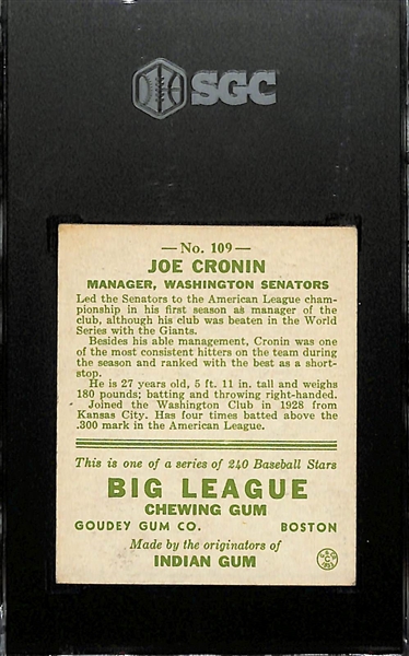 1933 Goudey #109 Joe Cronin Graded SGC 4.5