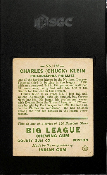 1933 Goudey #128 Chuck Klein Graded SGC 3