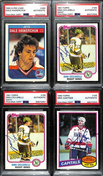 Lot of (4) PSA/DNA Authentic 1980s Hockey Rookie Autograph Cards - 1982-83 O-Pee-Chee Dale Hawerchuk, (2) 1981-82 Topps Dino Ciccarelli, 1980-81 Topps Mike Gartner 