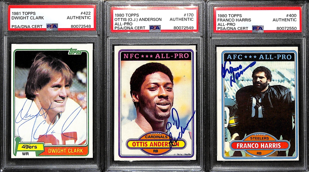 Lot of (3) PSA/DNA Authentic Football Hall of Fame Autograph Cards - 1981 Topps Dwight Clark, 1980 Topps Ottis Anderson, 1980 Topps Franco Harris