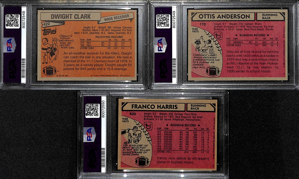 Lot of (3) PSA/DNA Authentic Football Hall of Fame Autograph Cards - 1981 Topps Dwight Clark, 1980 Topps Ottis Anderson, 1980 Topps Franco Harris