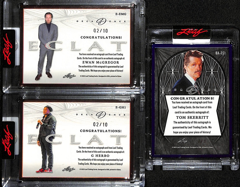 Lot of (3) 2023 Leaf Decadence Autographs - Ewan McGregor (#/10), G Herbo (#/10), Tom Skerritt (#/8)