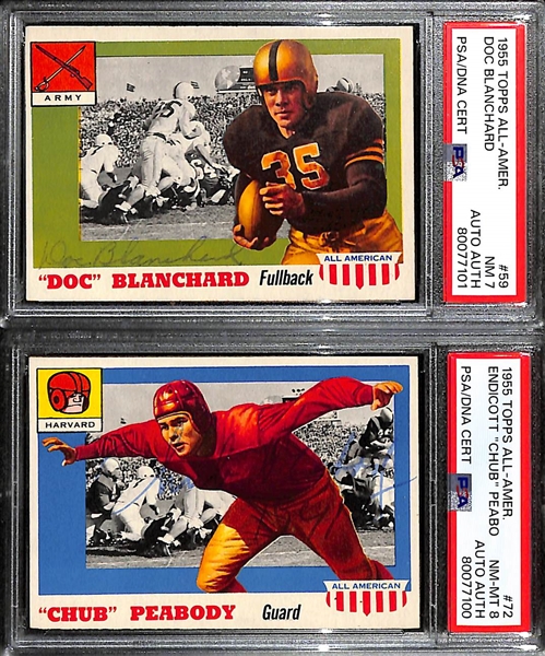 High Grade Signed 1955 Topps All-American Football Cards - Doc Blanchard (Card Grade 7) & Chub Peabody (Card Grade 8) - PSA/DNA Slabbed - Autos Grade Authentic