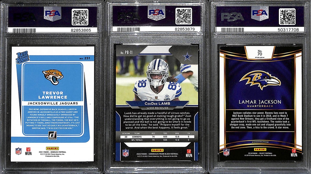 Lot of (3) Graded Football Rookie Cards - 2018 Select Lamar Jackson Silver (PSA 9), 2020 Chronicles Prizm Black CeeDee Lamb (PSA 10), 2021 Donruss Trevor Lawrence (PSA 9)