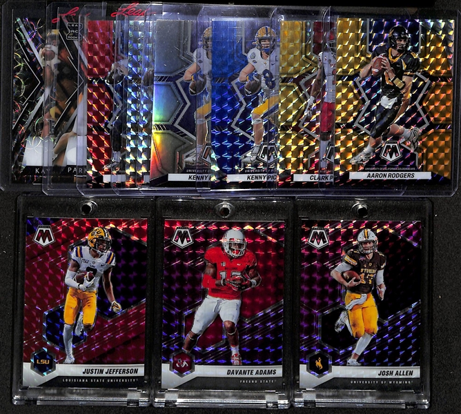 Lot of (11) 2023 Mosaic Draft Picks Rookie and Parallel Cards + (2) Leaf 1/1s and Aaron Rodgers Gold (#/10), + 