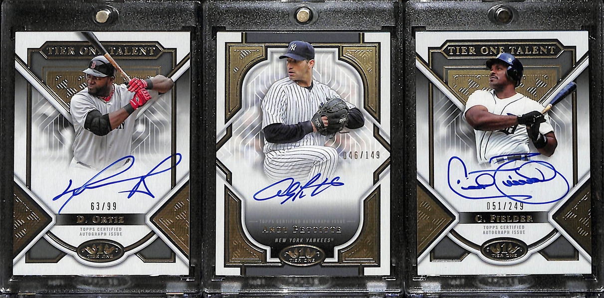 (3) 2023 Topps Tier One Retired Player Autographs - David Ortiz (#/99), Andy Pettitte (#/149), Cecil Fielder (#/249)