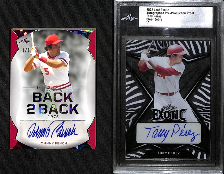 Lot of (2) Big Red Machine Autograph Cards - 2022 Leaf Superlative Johnny Bench/Pete Rose Back To Back (#/3), 2022 Leaf Exotic Tony Perez (#/1)