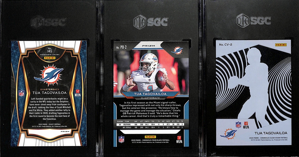 (3) SGC Graded Tua Tagovailoa Rookie Cards - 2020 Select Silver (SGC 10), 2020 Chronicles Prizm Black Silver (SGC 9.5), 2020 Chronicles Clear Vision (SGC 10)