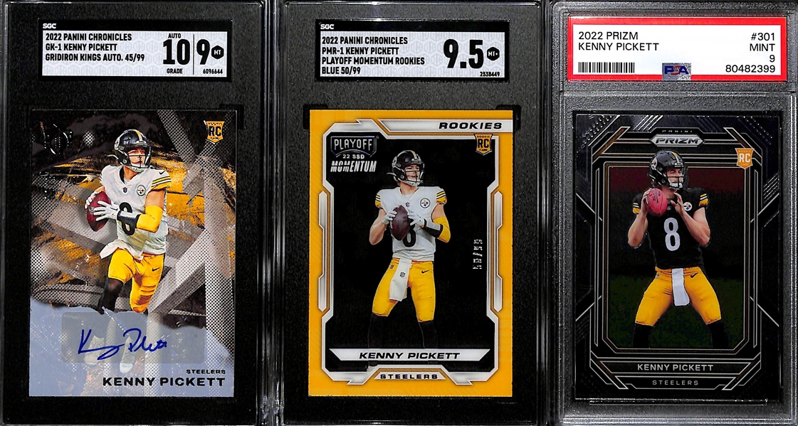 (3) Kenny Pickett Graded Rookie Cards - 2022 Chronicles Gridiron Kings Autograph (SGC 9) (10 Auto) (#/99), 2022 Chronicles Playoff Momentum Blue (SGC 9.5) (#/99), 2022 Prizm (PSA 9)