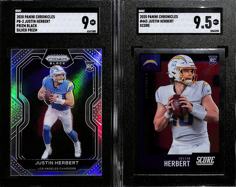 (7) SGC Graded Justin Herbert Rookie Cards inc. 2020 Chronicles Black Silver (SGC 9), 2020 Chronicles Score (SGC 9.5), 2020 Chronicles Playoff Momentum (SGC 10), + 