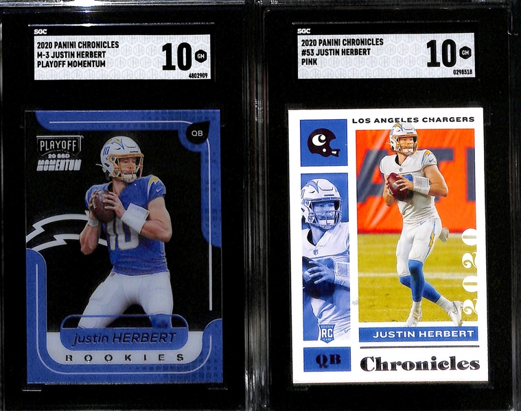 (7) SGC Graded Justin Herbert Rookie Cards inc. 2020 Chronicles Black Silver (SGC 9), 2020 Chronicles Score (SGC 9.5), 2020 Chronicles Playoff Momentum (SGC 10), + 