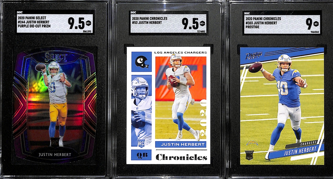 (7) SGC Graded Justin Herbert Rookie Cards inc. 2020 Chronicles Black Silver (SGC 9), 2020 Chronicles Score (SGC 9.5), 2020 Chronicles Playoff Momentum (SGC 10), + 