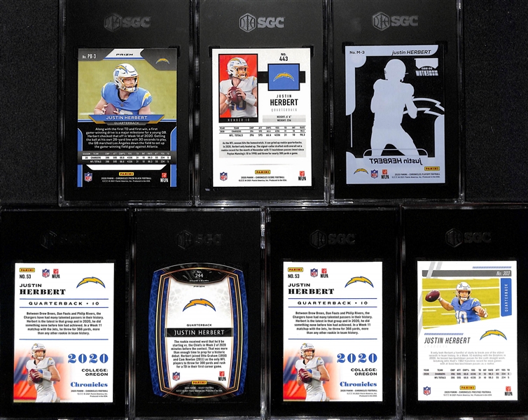 (7) SGC Graded Justin Herbert Rookie Cards inc. 2020 Chronicles Black Silver (SGC 9), 2020 Chronicles Score (SGC 9.5), 2020 Chronicles Playoff Momentum (SGC 10), + 