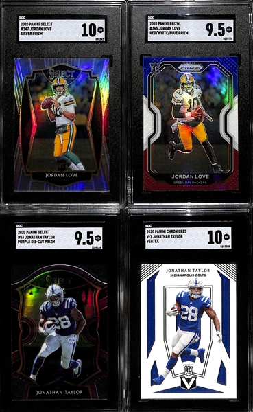 (4) SGC Graded Football Rookie Cards inc. 2020 Select Jordan Love Silver (SGC 10), 2020 Prizm Jordan Love Red White and Blue (SGC 9.5), +