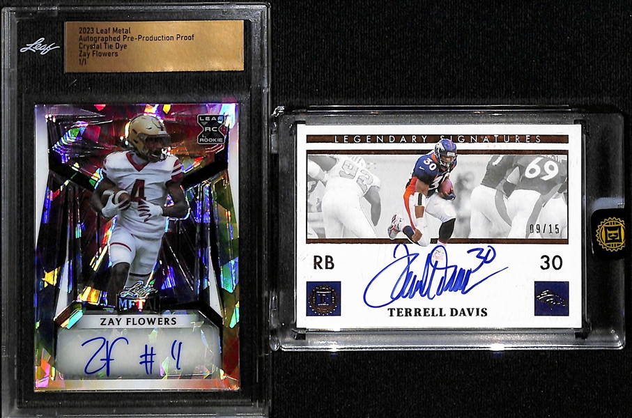 (10) Football Rookie and Autograph Cards inc. 2023 Leaf Metal Zay Flowers Autograph Rookie (#/1), 2021 Encased Terrell Davis Autograph (#/15), 2020 Select Joe Burrow, +