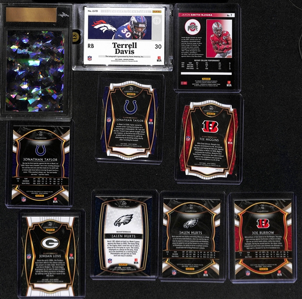 (10) Football Rookie and Autograph Cards inc. 2023 Leaf Metal Zay Flowers Autograph Rookie (#/1), 2021 Encased Terrell Davis Autograph (#/15), 2020 Select Joe Burrow, +