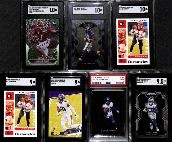 (7) Graded Football Rookie Cards inc. 2022 Bowman Chrome University Jahmyr Gibbs Green Shimmer (SGC 10) (#/99), 2020 Select Justin Jefferson (SGC 10), 2020 Chronicles Joe Burrow (SGC 10), +