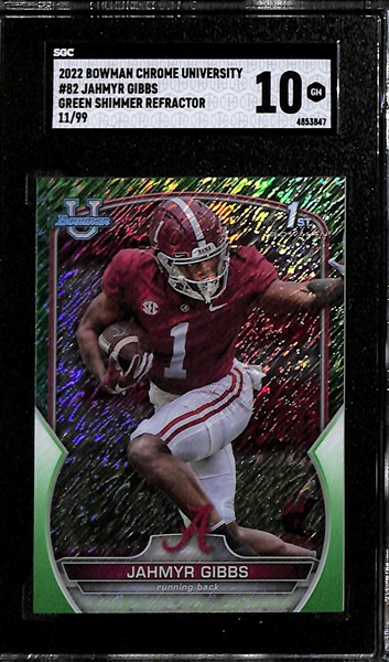 (7) Graded Football Rookie Cards inc. 2022 Bowman Chrome University Jahmyr Gibbs Green Shimmer (SGC 10) (#/99), 2020 Select Justin Jefferson (SGC 10), 2020 Chronicles Joe Burrow (SGC 10), +