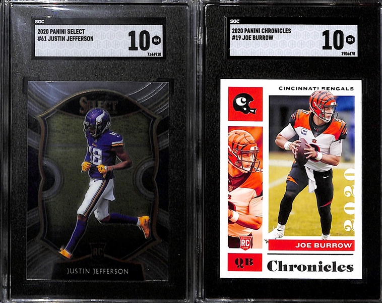 (7) Graded Football Rookie Cards inc. 2022 Bowman Chrome University Jahmyr Gibbs Green Shimmer (SGC 10) (#/99), 2020 Select Justin Jefferson (SGC 10), 2020 Chronicles Joe Burrow (SGC 10), +