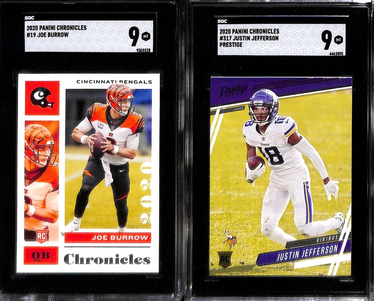 (7) Graded Football Rookie Cards inc. 2022 Bowman Chrome University Jahmyr Gibbs Green Shimmer (SGC 10) (#/99), 2020 Select Justin Jefferson (SGC 10), 2020 Chronicles Joe Burrow (SGC 10), +