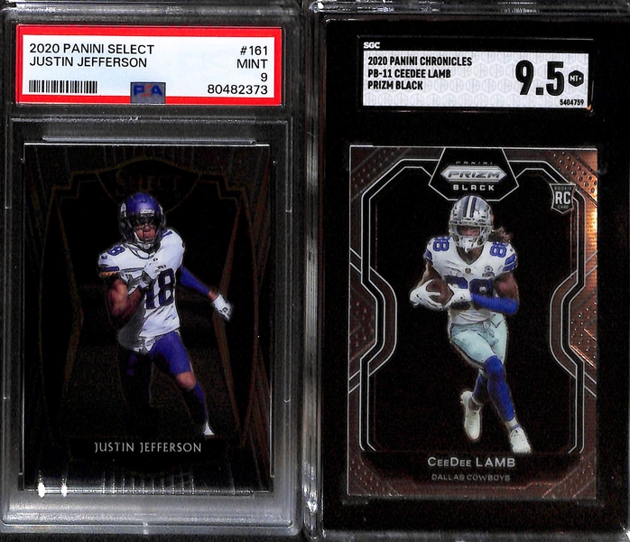 (7) Graded Football Rookie Cards inc. 2022 Bowman Chrome University Jahmyr Gibbs Green Shimmer (SGC 10) (#/99), 2020 Select Justin Jefferson (SGC 10), 2020 Chronicles Joe Burrow (SGC 10), +