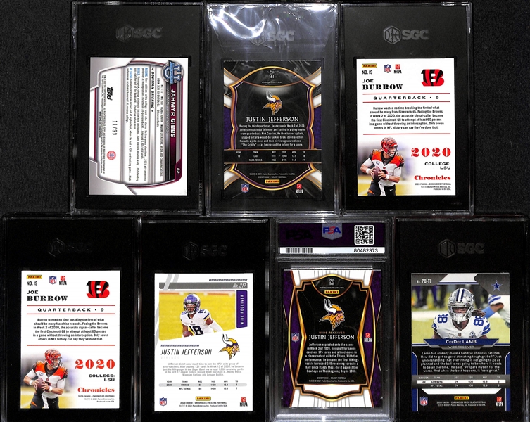 (7) Graded Football Rookie Cards inc. 2022 Bowman Chrome University Jahmyr Gibbs Green Shimmer (SGC 10) (#/99), 2020 Select Justin Jefferson (SGC 10), 2020 Chronicles Joe Burrow (SGC 10), +