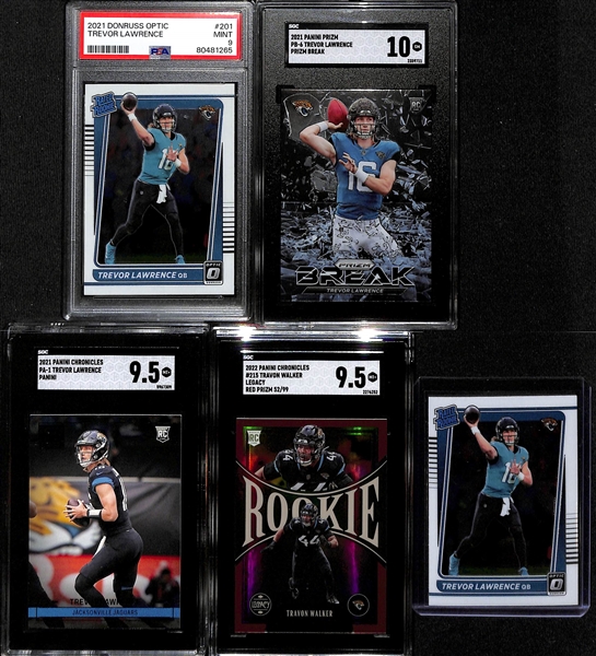  (5) Jacksonville Jaguars Rookie Cards inc. 2021 Donruss Optic Trevor Lawrence (PSA 9), 2021 Prizm Trevor Lawrence Prizm Break (SGC 10), 2021 Chronicles Panini Trevor Lawrence (SGC 9.5), +