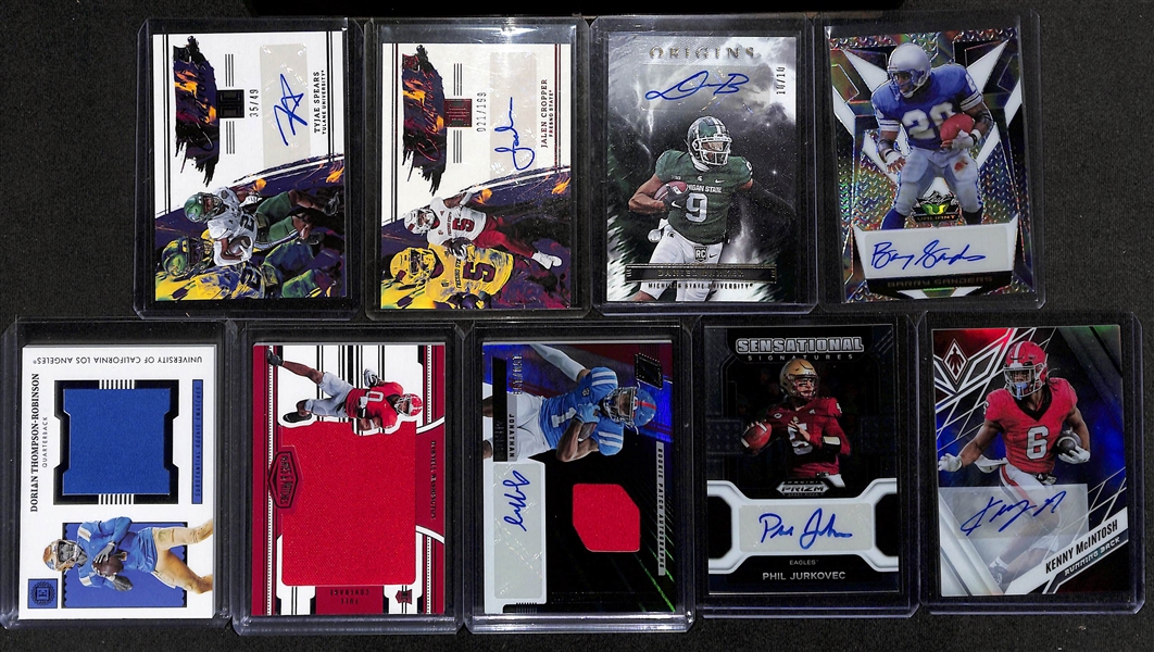 Lot of (9) 2023 Football Autograph and Jersey Cards inc. Leaf Valiant Barry Sanders Autograph (#/2) Chronicles Draft Picks Jonathan Mingo Rookie Autograph Patch (#/199)